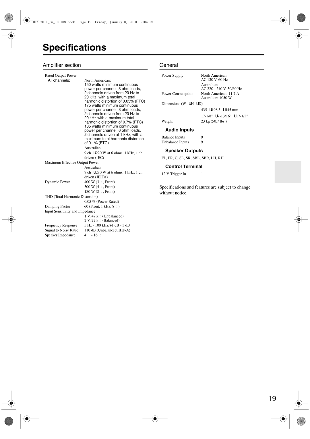 Integra DTA-70.1 instruction manual Specifications, Audio Inputs, Speaker Outputs, Control Terminal 