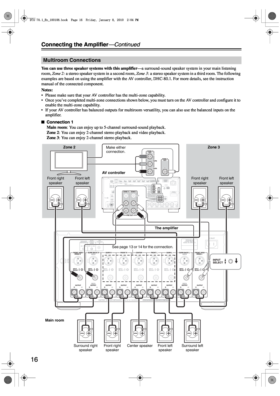 Integra DTA-70.1 instruction manual Multiroom Connections, Connecting the Amplifier-Continued 