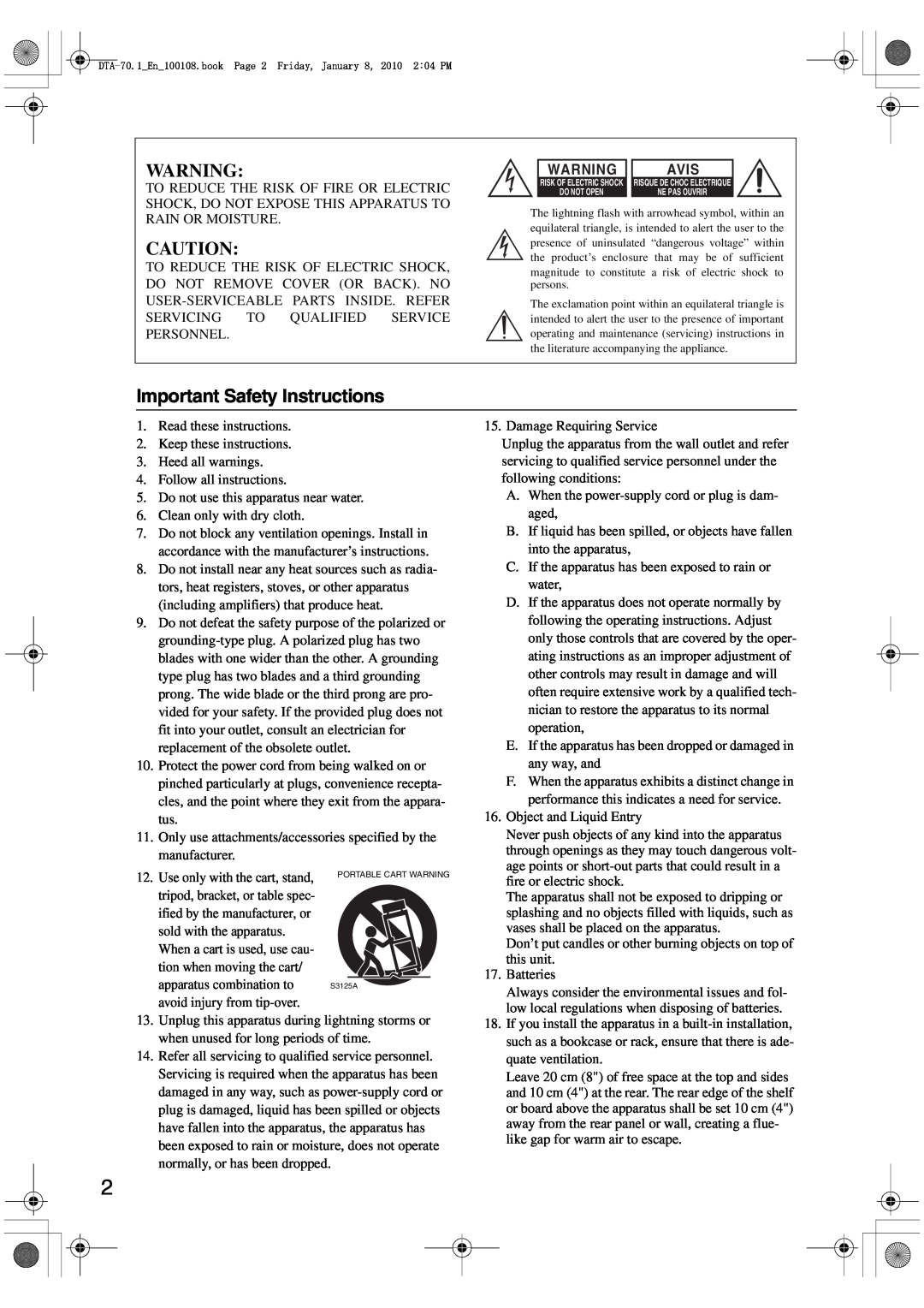 Integra DTA-70.1 instruction manual Important Safety Instructions, Avis 