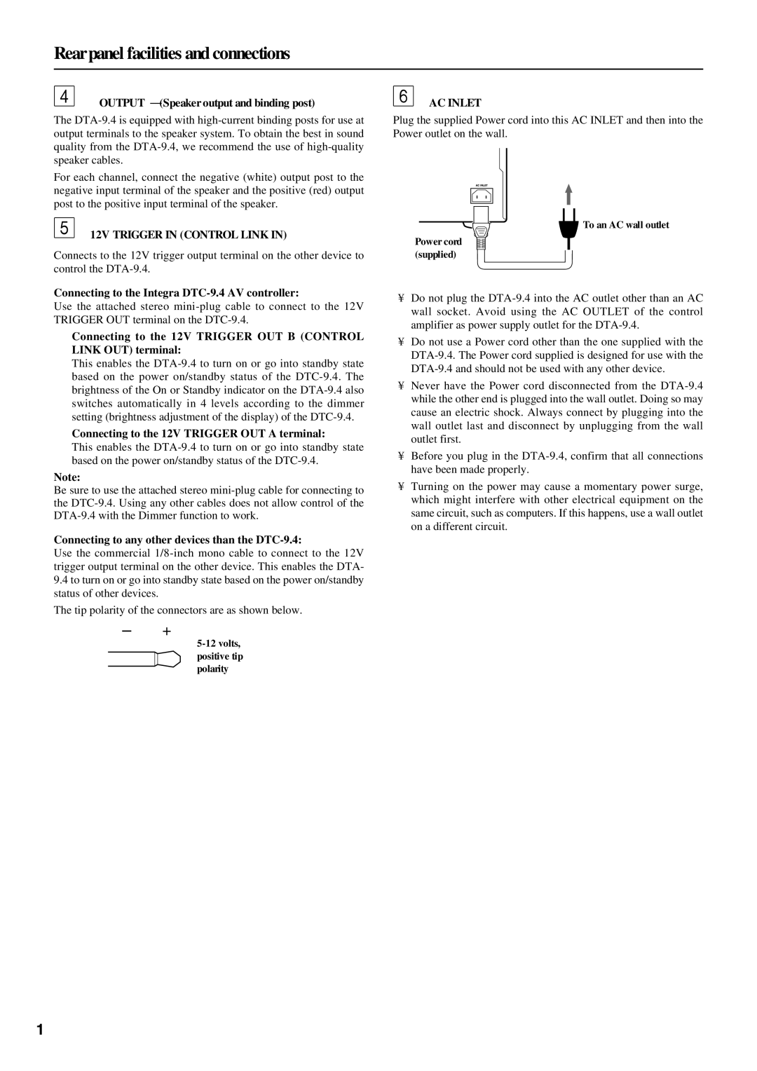 Integra DTA-9.4 instruction manual Rear panel facilities and connections, + Output Speaker output and binding post 