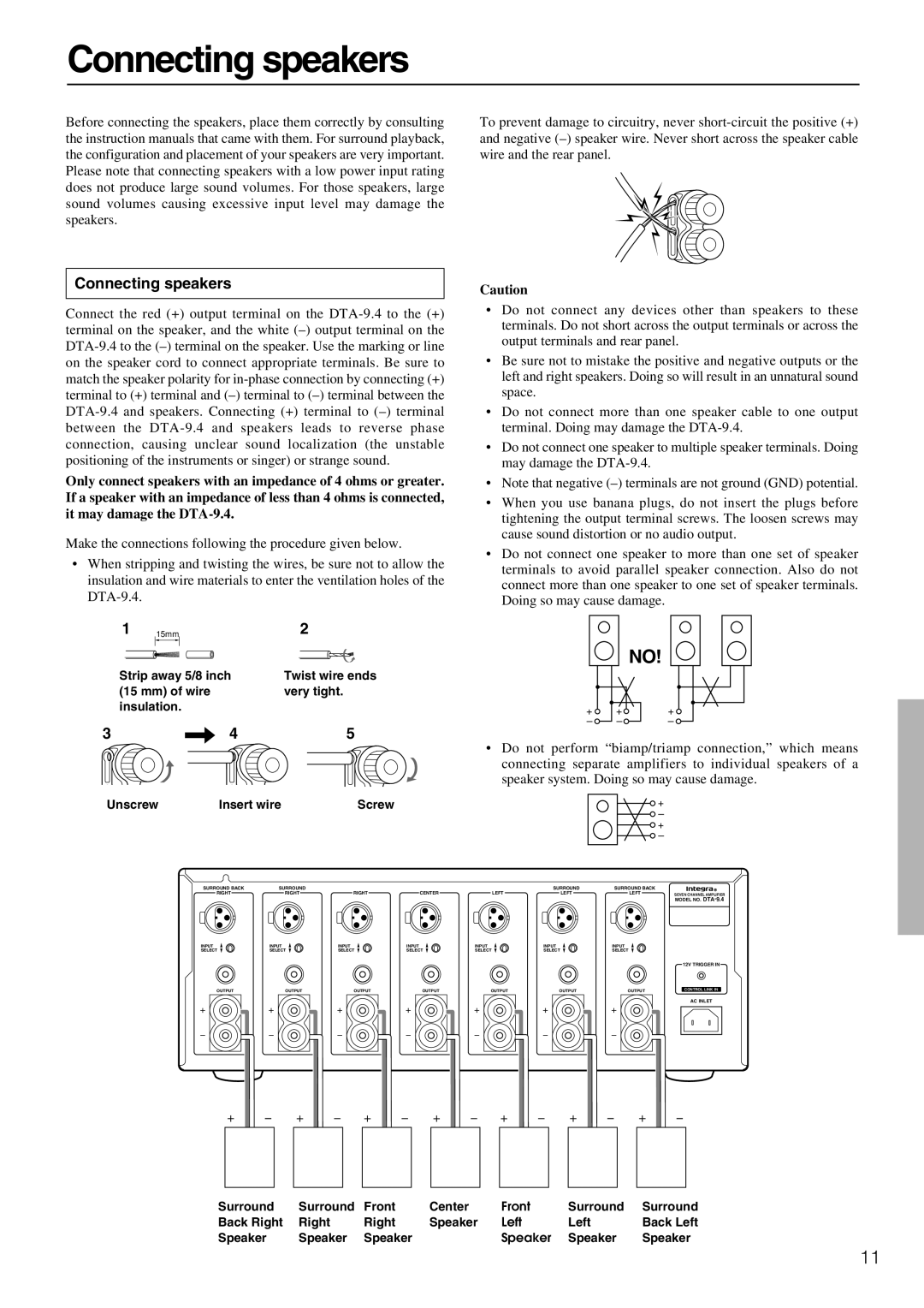 Integra DTA-9.4 instruction manual Connecting speakers 