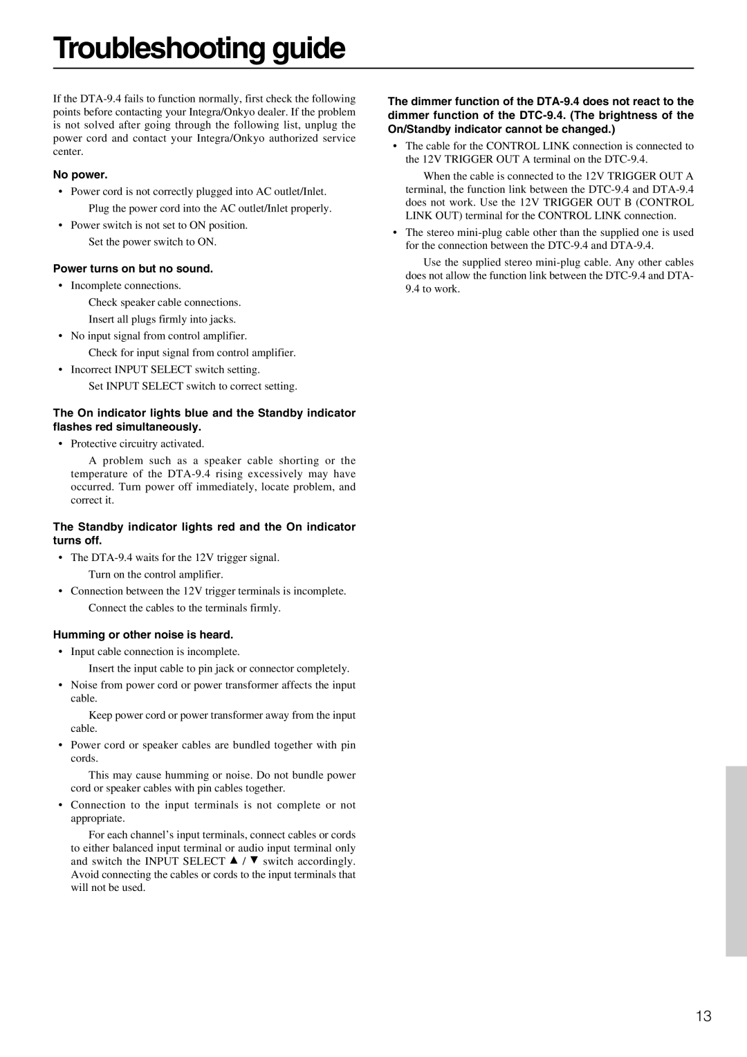 Integra DTA-9.4 Troubleshooting guide, No power, Power turns on but no sound, Humming or other noise is heard 