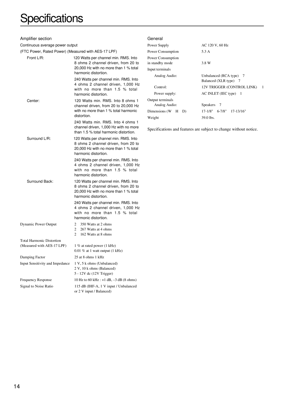 Integra DTA-9.4 instruction manual Specifications, Amplifier section, General 