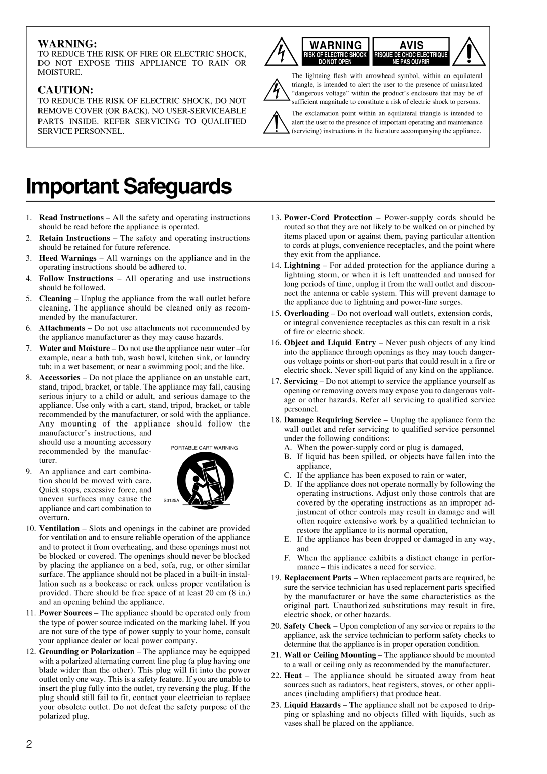 Integra DTA-9.4 instruction manual Important Safeguards, Avis 