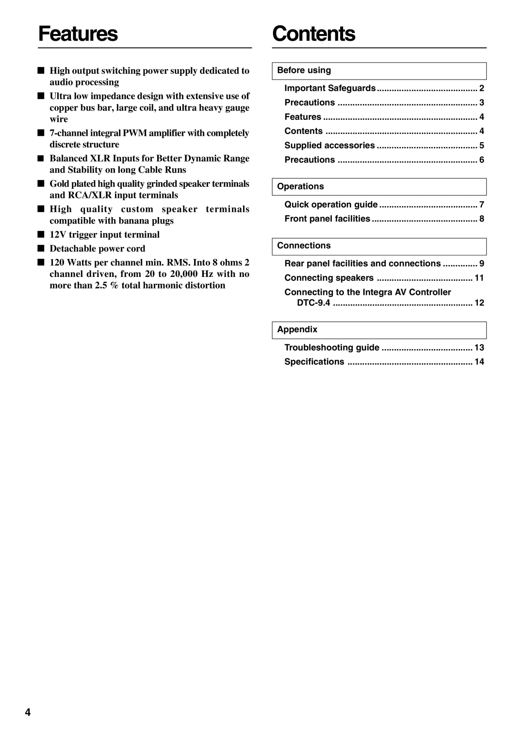 Integra DTA-9.4 instruction manual FeaturesContents 