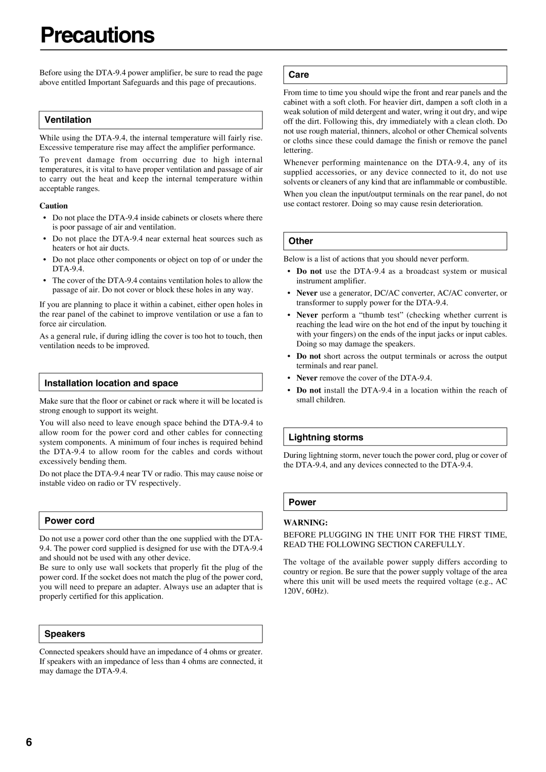 Integra DTA-9.4 instruction manual Ventilation 