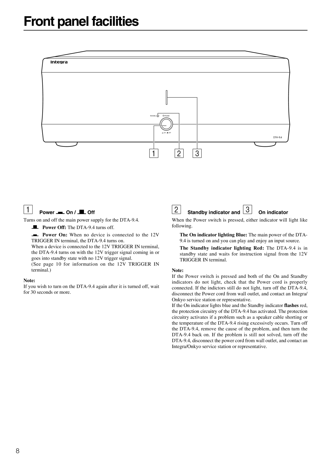 Integra DTA-9.4 instruction manual Front panel facilities, Power On / Off, Standby indicator On indicator 