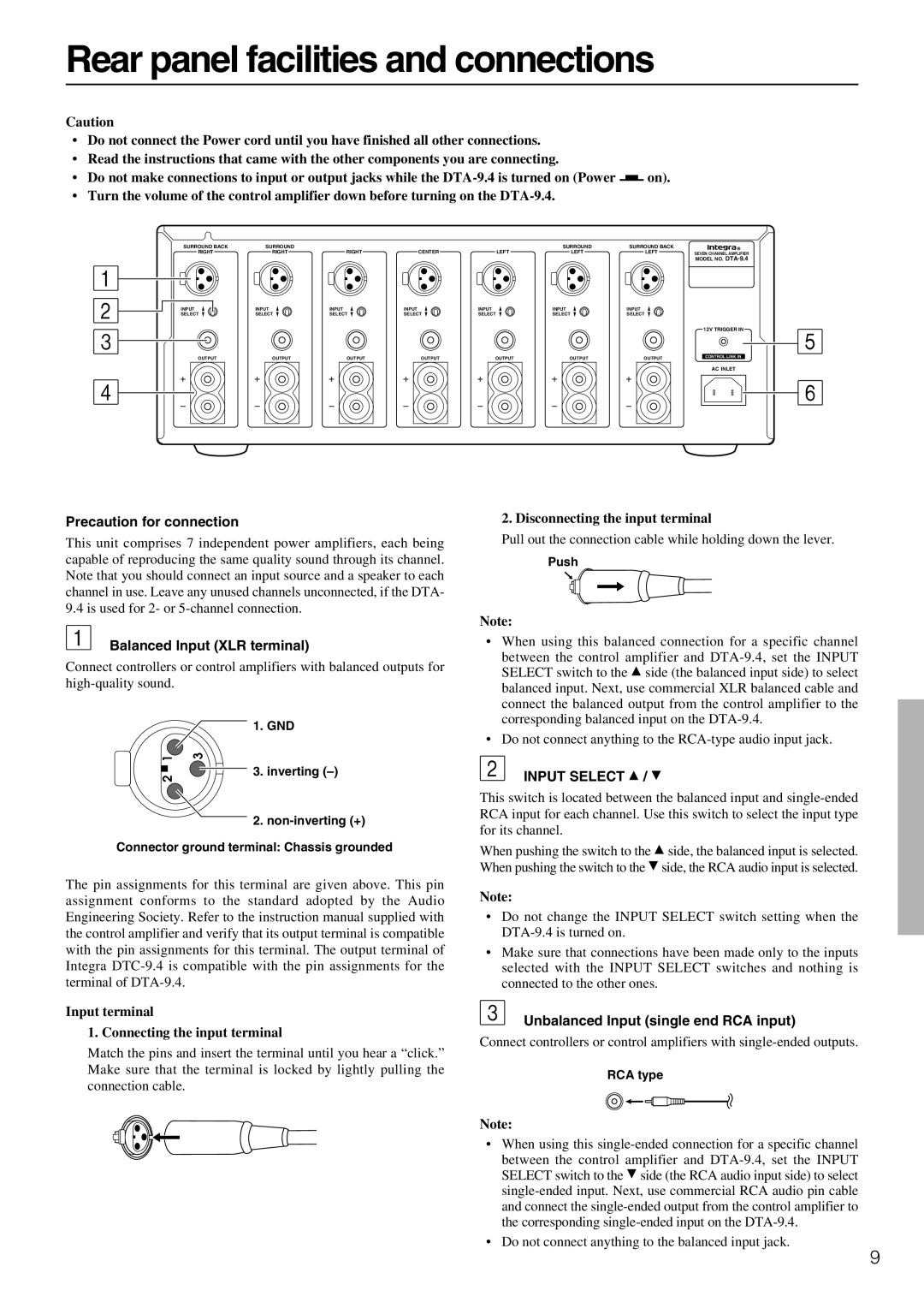 Integra DTA-9.4 Precaution for connection, Balanced Input XLR terminal, Unbalanced Input single end RCA input 