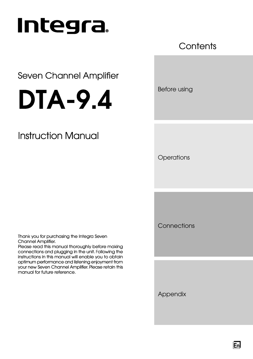 Integra DTA-9.4 instruction manual Contents Seven Channel Amplifier, Before using Operations Connections, Appendix 