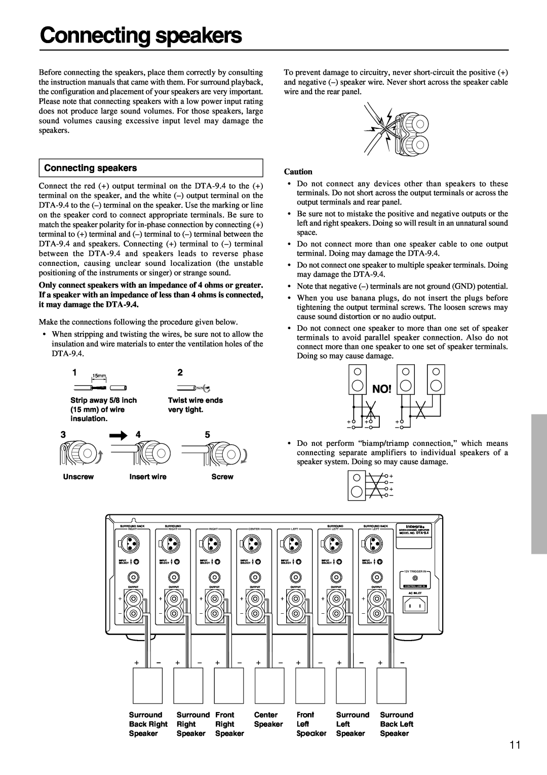 Integra DTA-9.4 instruction manual Connecting speakers 