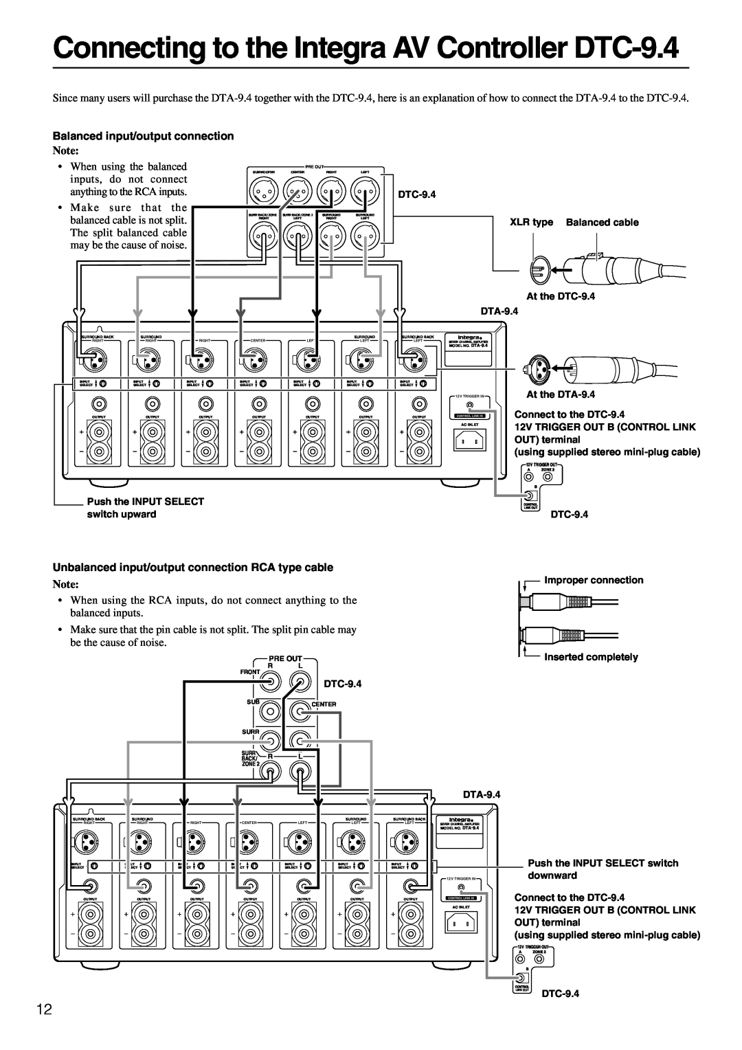 Integra DTA-9.4 instruction manual Connecting to the Integra AV Controller DTC-9.4, Balanced input/output connection 