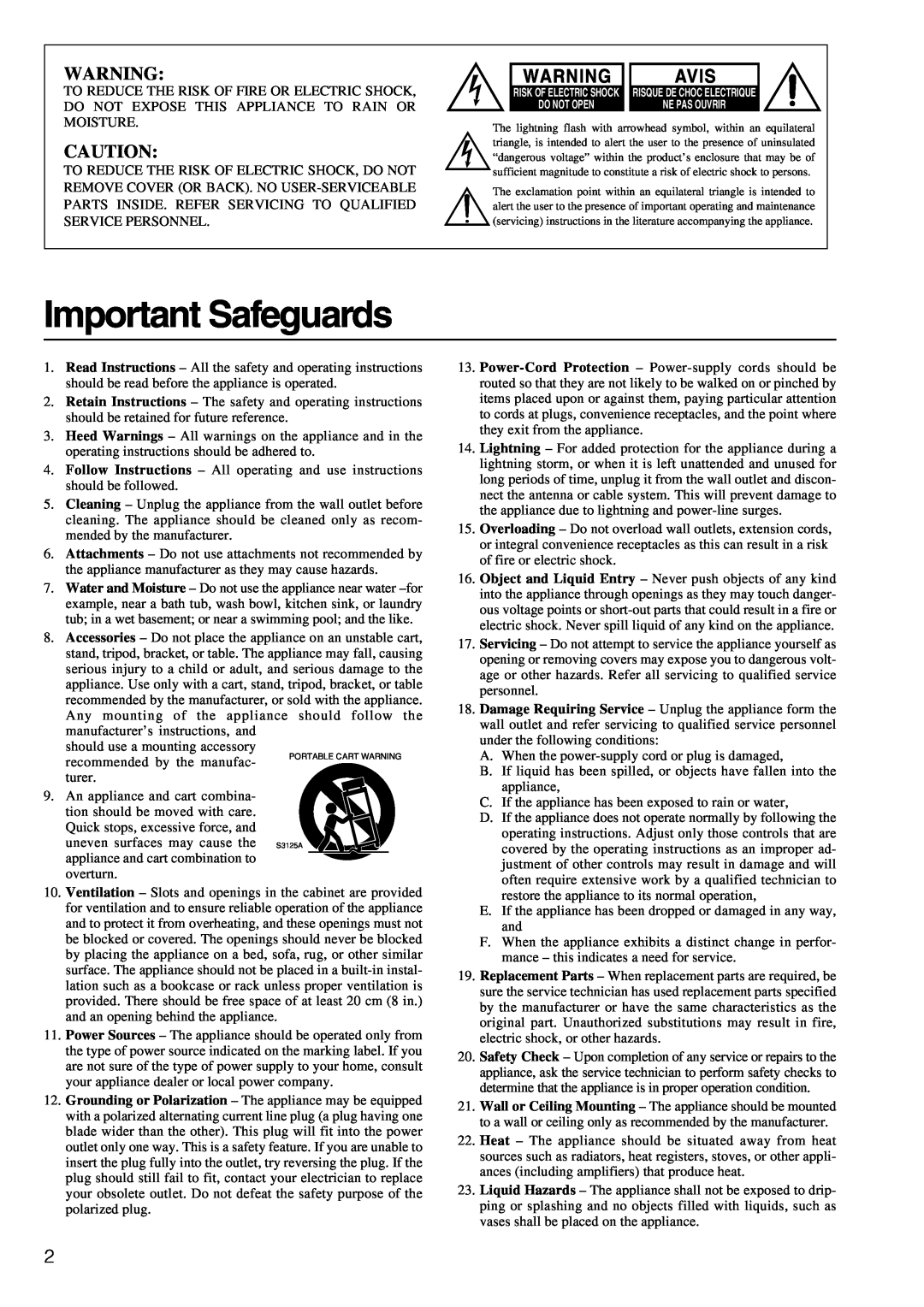 Integra DTA-9.4 instruction manual Important Safeguards, Avis 