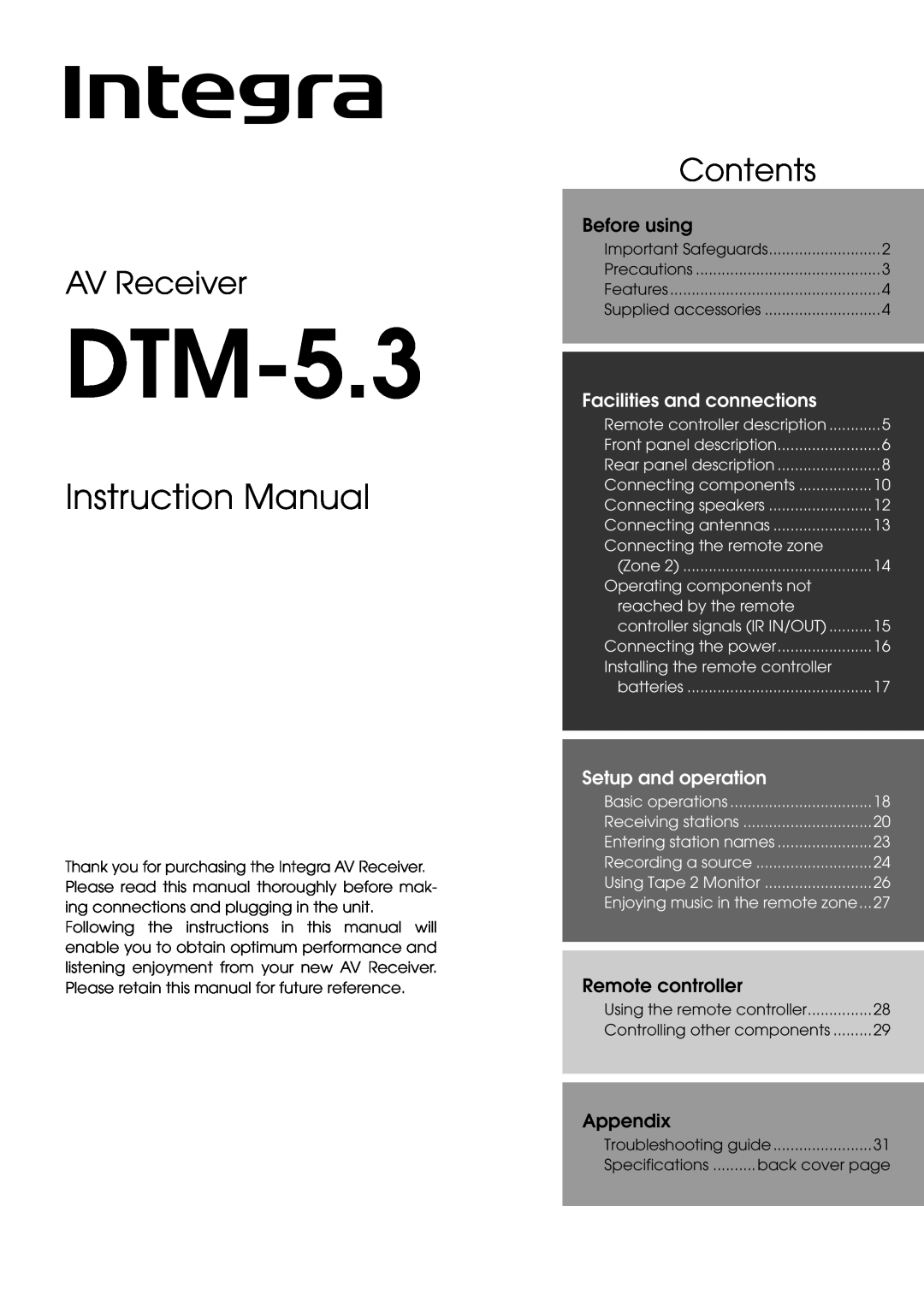 Integra DTM-5.3 appendix AV Receiver, Contents, Before using, Facilities and connections, Setup and operation, Appendix 