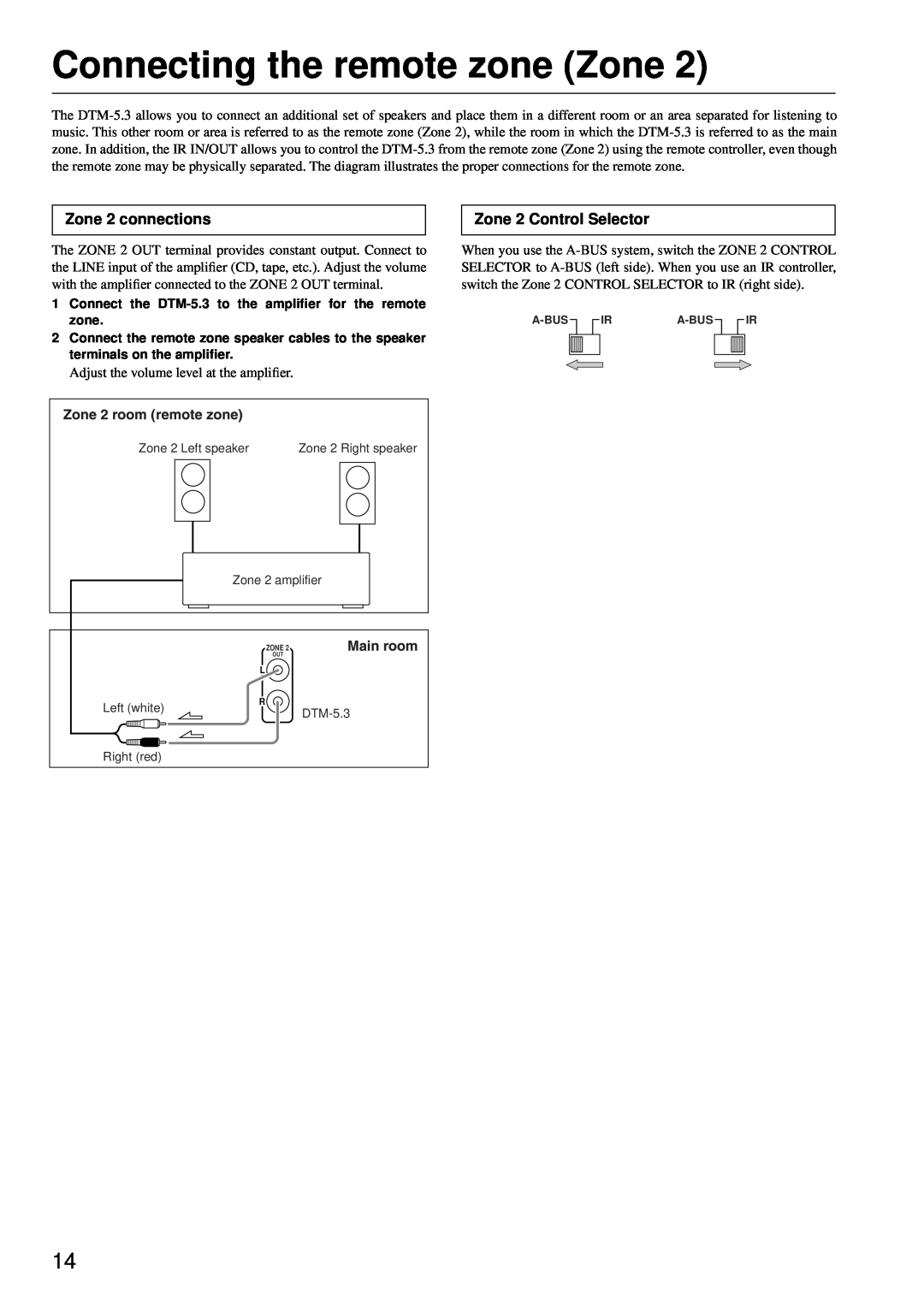 Integra DTM-5.3 appendix Connecting the remote zone Zone, Zone 2 connections, Zone 2 Control Selector 