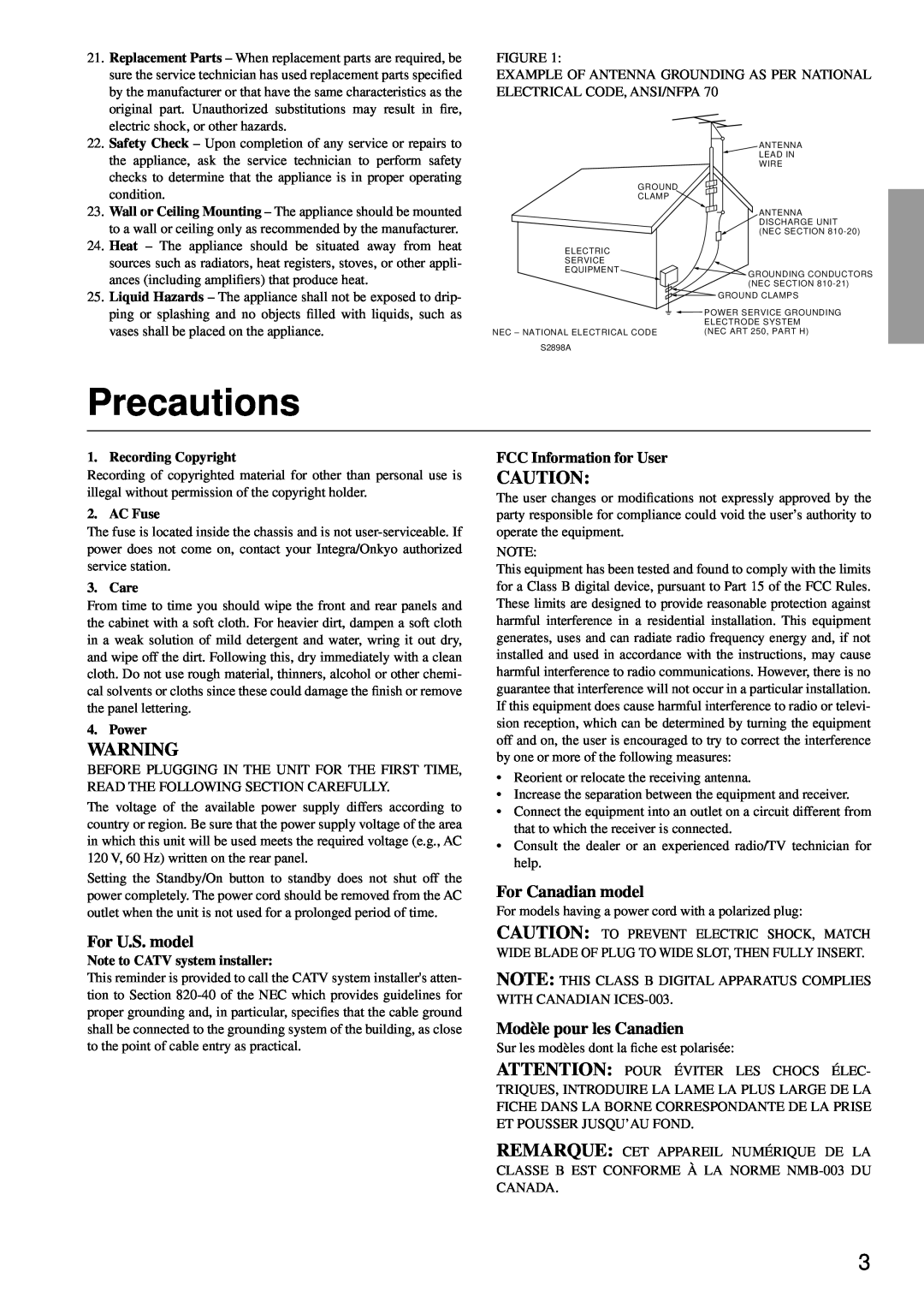 Integra DTM-5.3 Precautions, For U.S. model, For Canadian model, Modèle pour les Canadien, FCC Information for User 