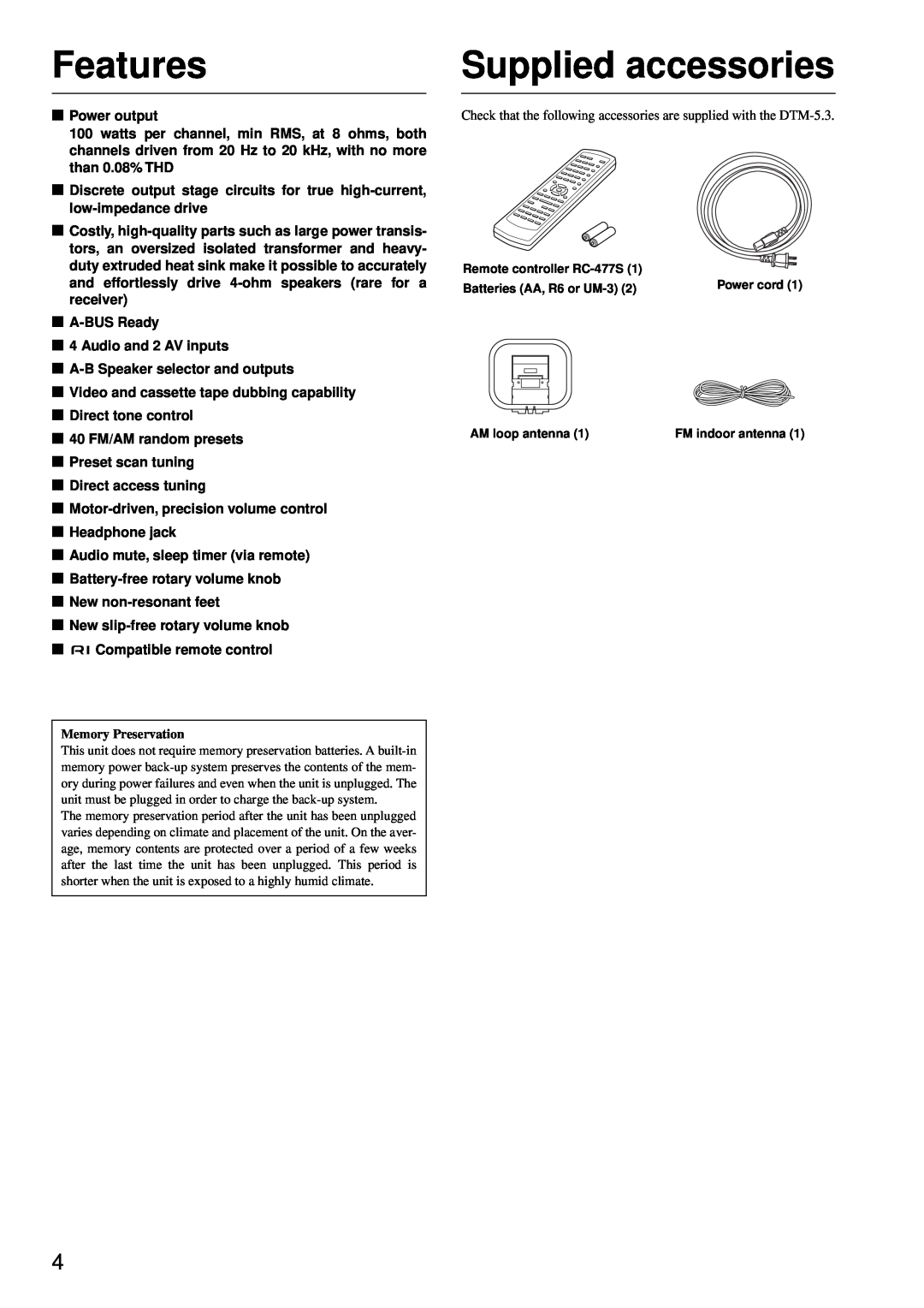 Integra DTM-5.3 appendix Features, Supplied accessories 