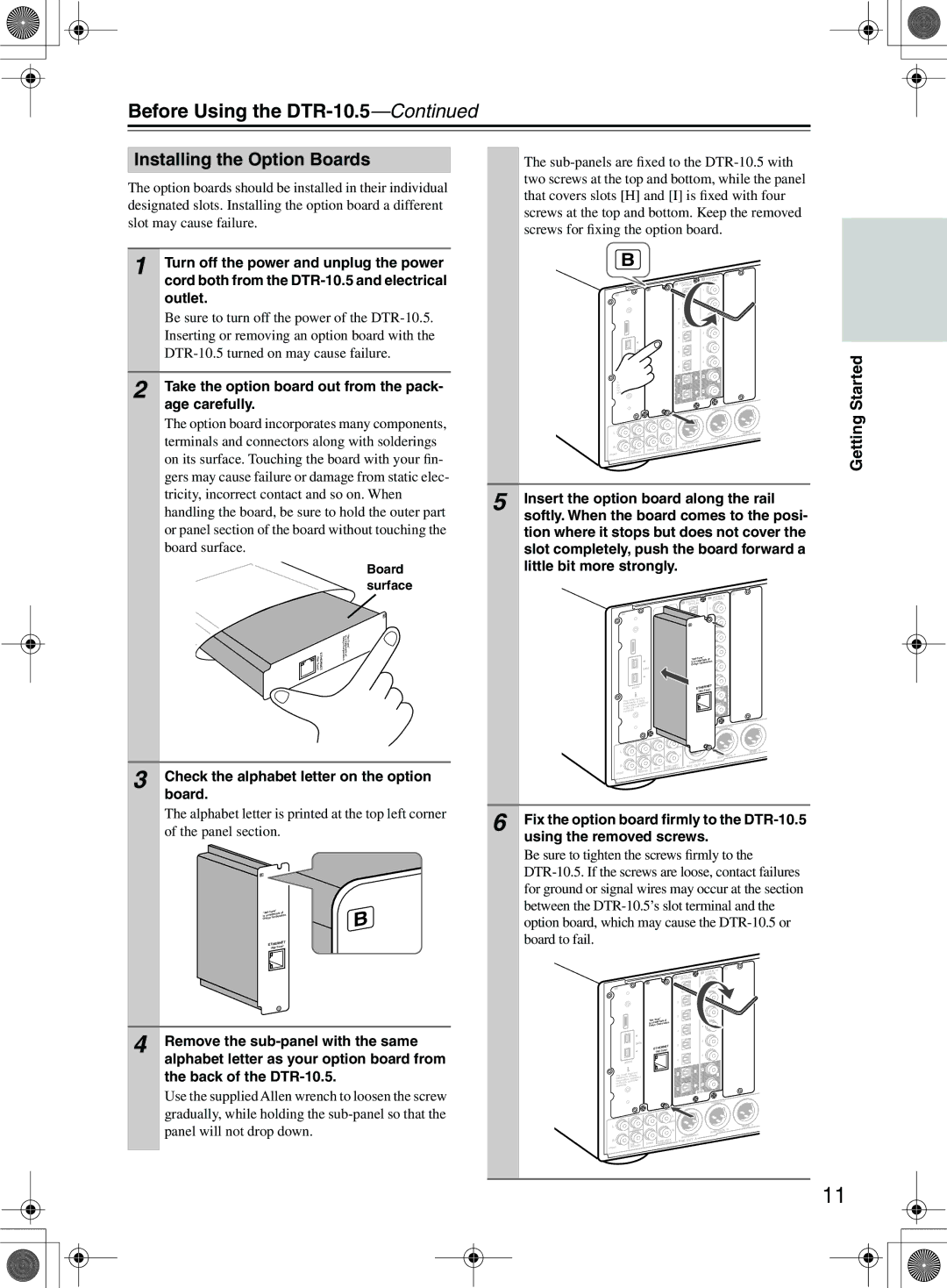 Integra DTR-10.5 Installing the Option Boards, Take the option board out from the pack- age carefully, Board surface 