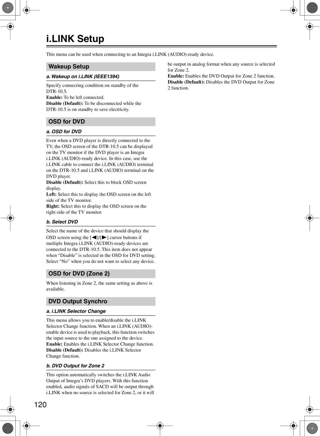 Integra DTR-10.5 instruction manual Link Setup, 120 