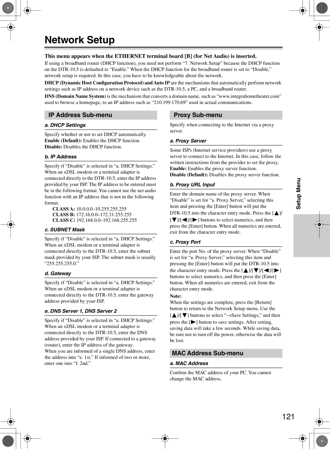 Integra DTR-10.5 instruction manual Network Setup, 121, IP Address Sub-menu, Proxy Sub-menu, MAC Address Sub-menu 