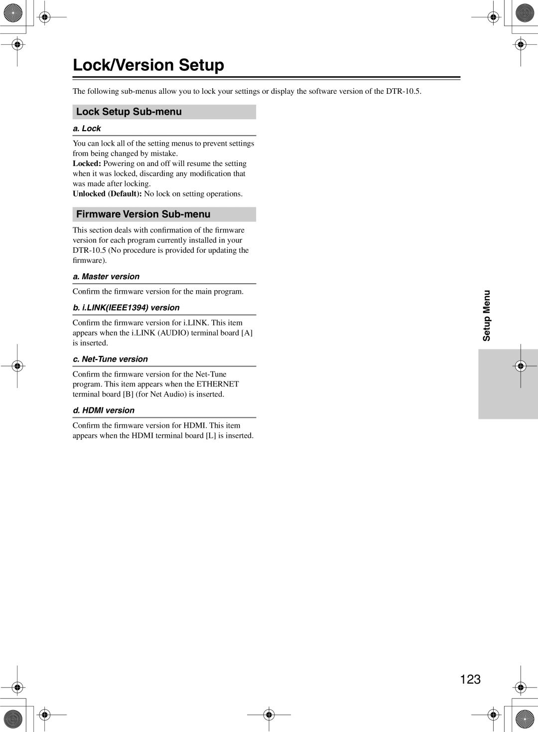 Integra DTR-10.5 instruction manual Lock/Version Setup, 123, Lock Setup Sub-menu, Firmware Version Sub-menu 