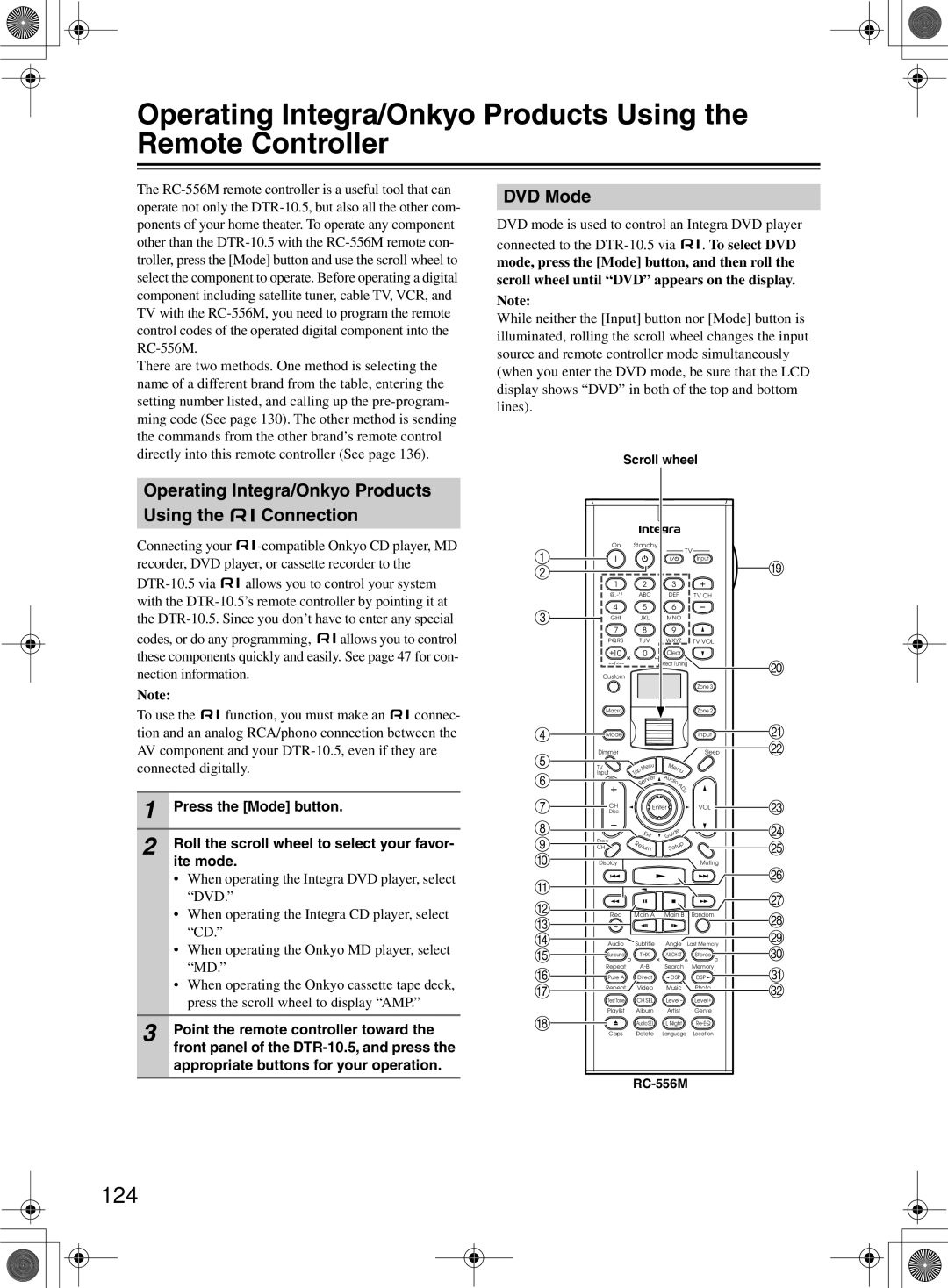 Integra DTR-10.5 instruction manual 124, Operating Integra/Onkyo Products Using the Connection, DVD Mode 