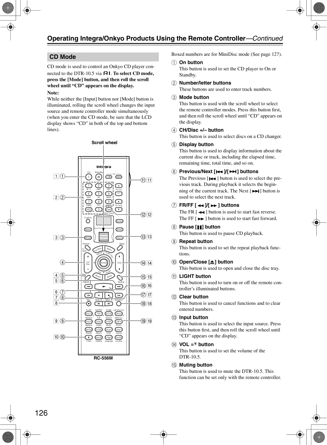 Integra DTR-10.5 instruction manual 126, CD Mode, Previous/Next / buttons, FR/FF Buttons 