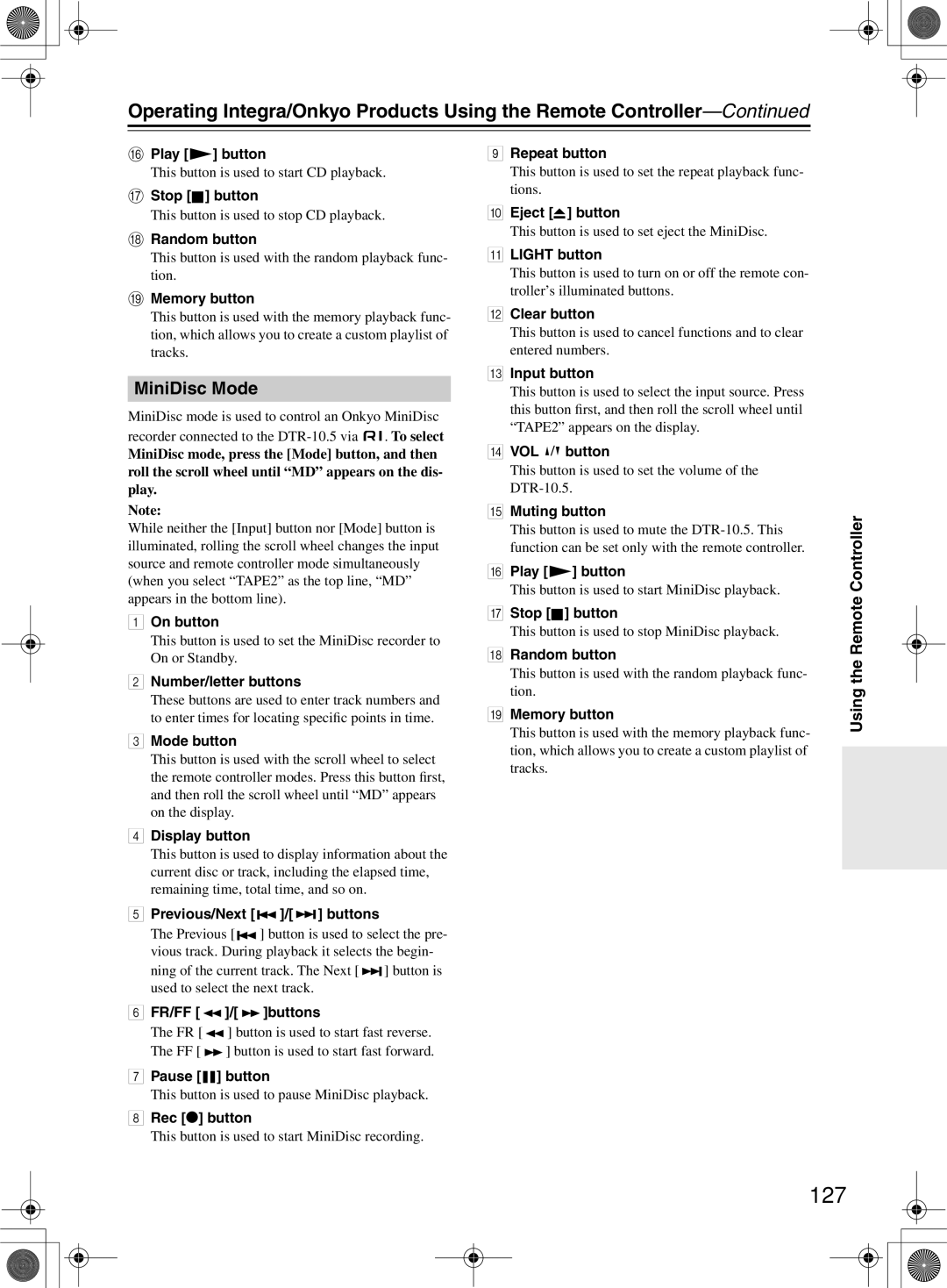 Integra DTR-10.5 instruction manual 127, MiniDisc Mode, Display button Repeat button, Eject button, Rec button 