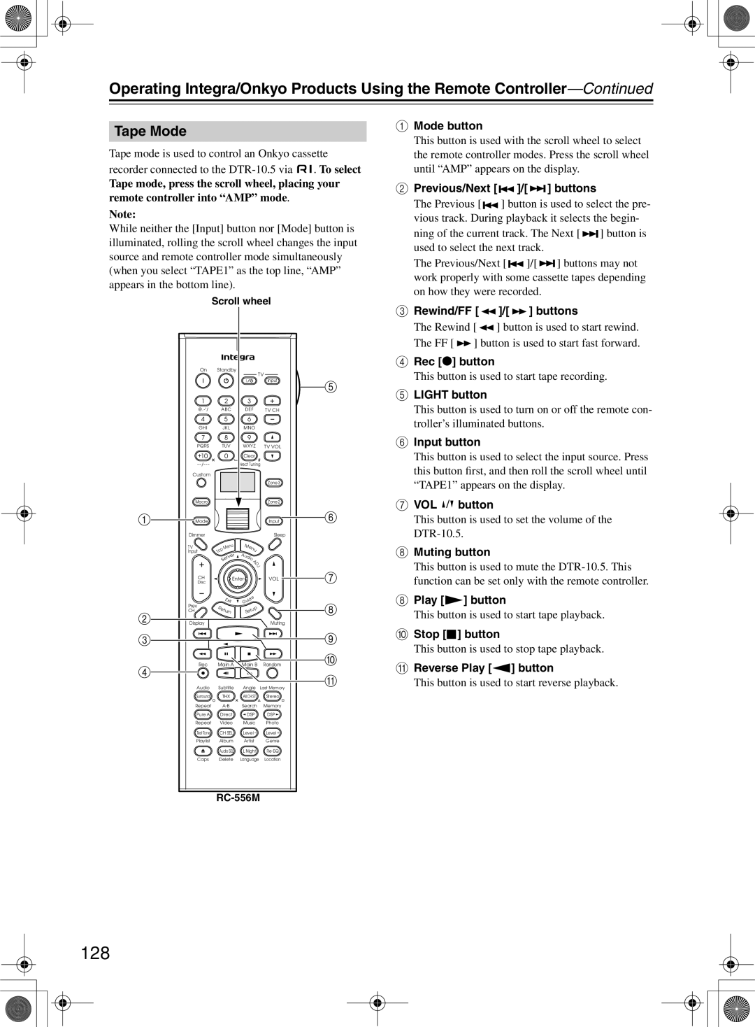 Integra DTR-10.5 instruction manual 128, Tape Mode, Rewind/FF Buttons, Reverse Play button 