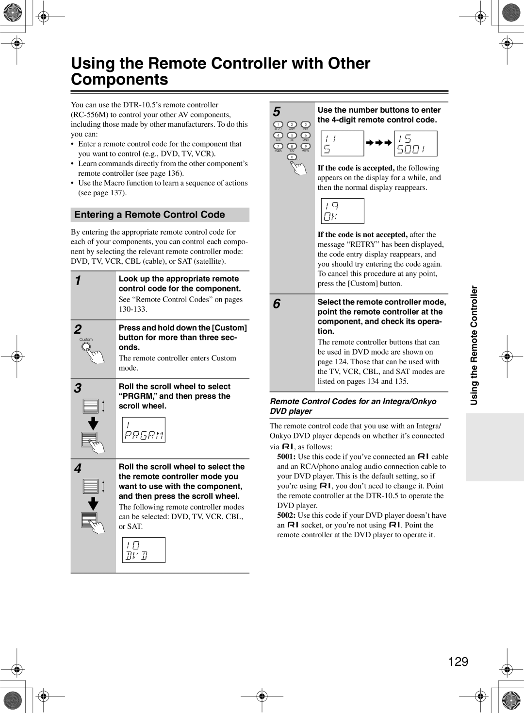Integra DTR-10.5 Using the Remote Controller with Other Components, 129, Entering a Remote Control Code, DVD player 
