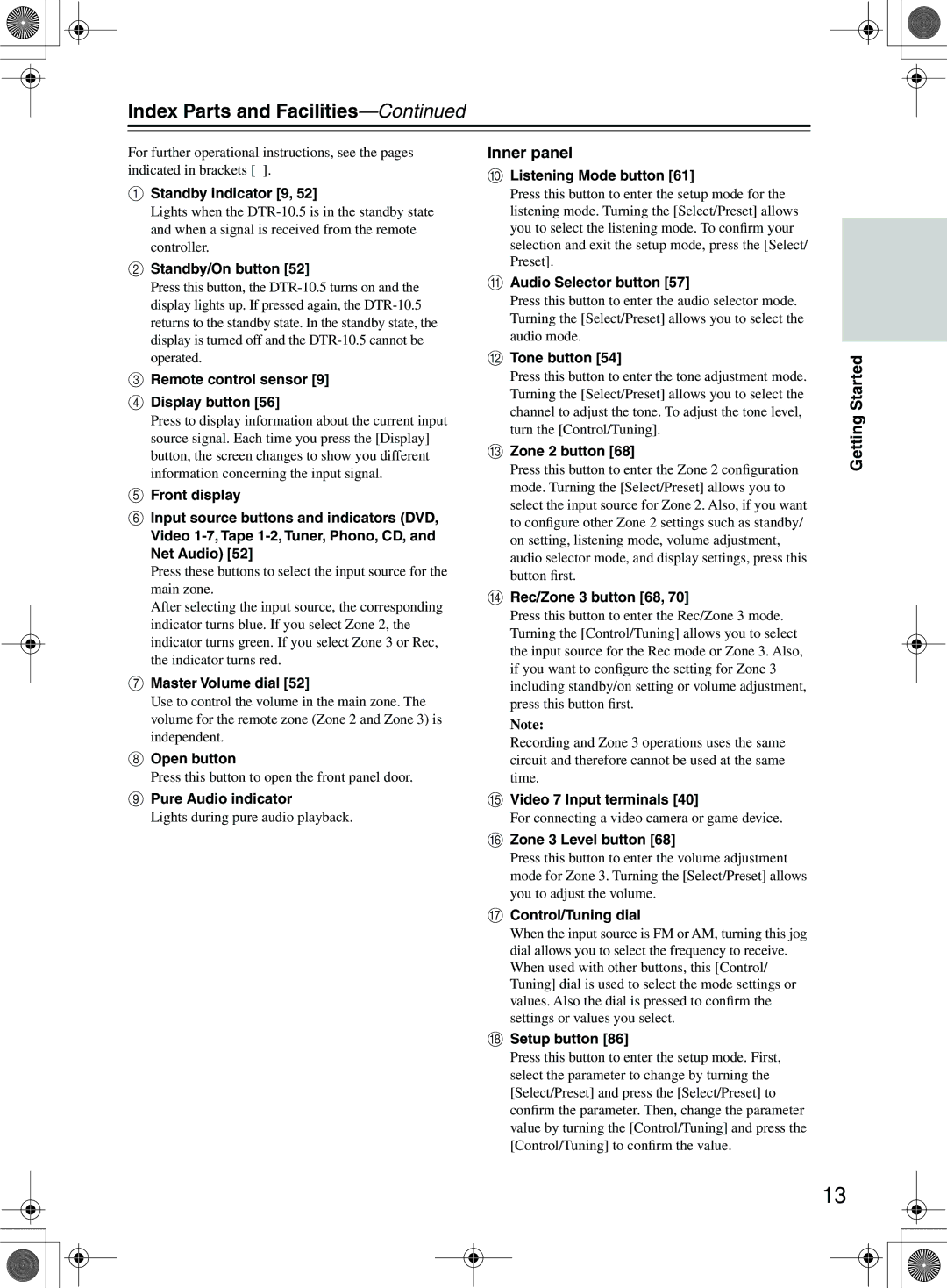 Integra DTR-10.5 instruction manual Index Parts and Facilities 