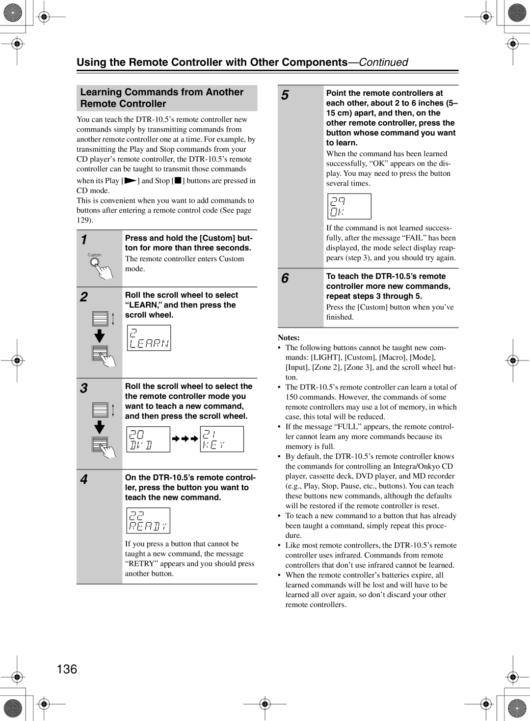 Integra DTR-10.5 instruction manual 136, Learning Commands from Another Remote Controller 