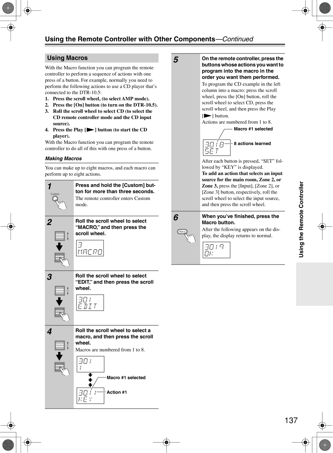 Integra DTR-10.5 instruction manual 137, Using Macros, Making Macros 