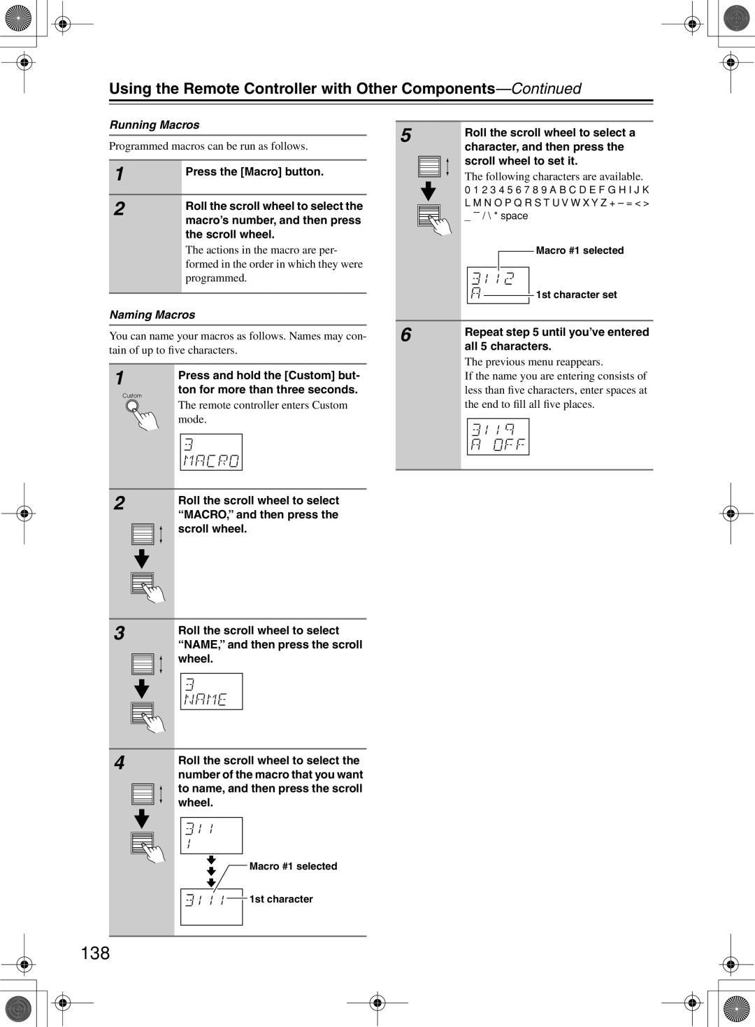 Integra DTR-10.5 instruction manual 138, Running Macros, Naming Macros 