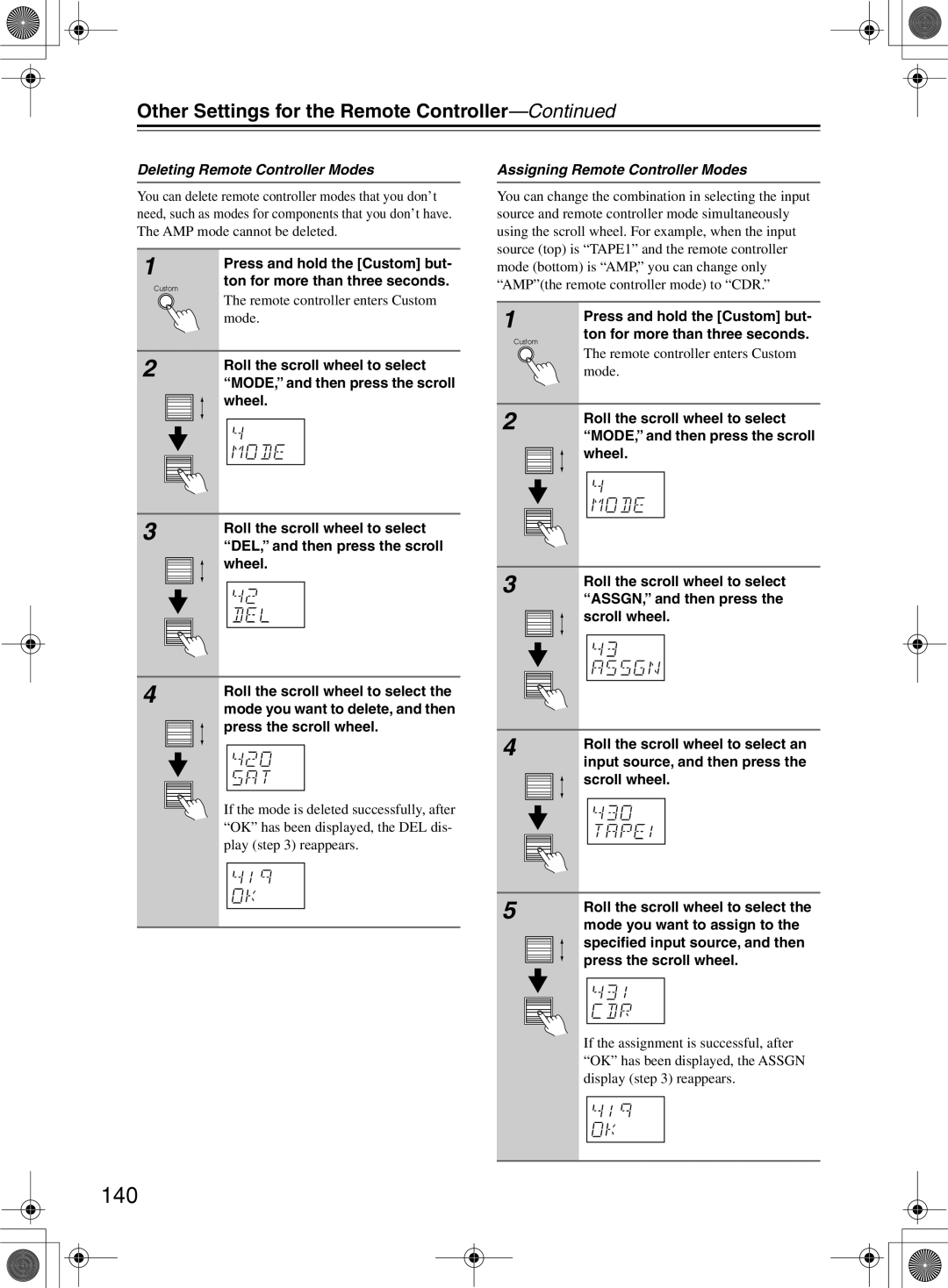 Integra DTR-10.5 instruction manual 140, Other Settings for the Remote Controller, Deleting Remote Controller Modes 