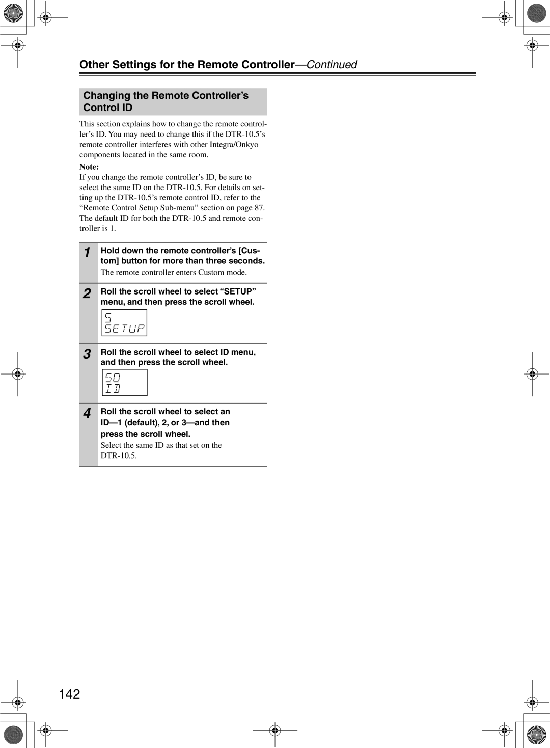 Integra DTR-10.5 instruction manual 142, Changing the Remote Controller’s Control ID, Remote controller enters Custom mode 