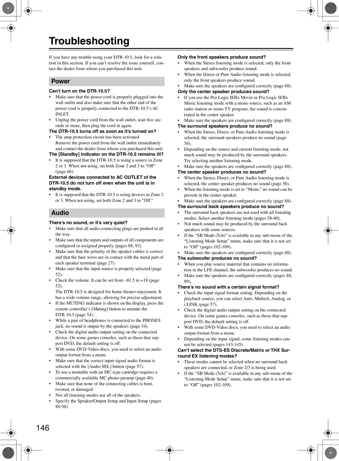 Integra DTR-10.5 instruction manual Troubleshooting, 146, Power, Audio 