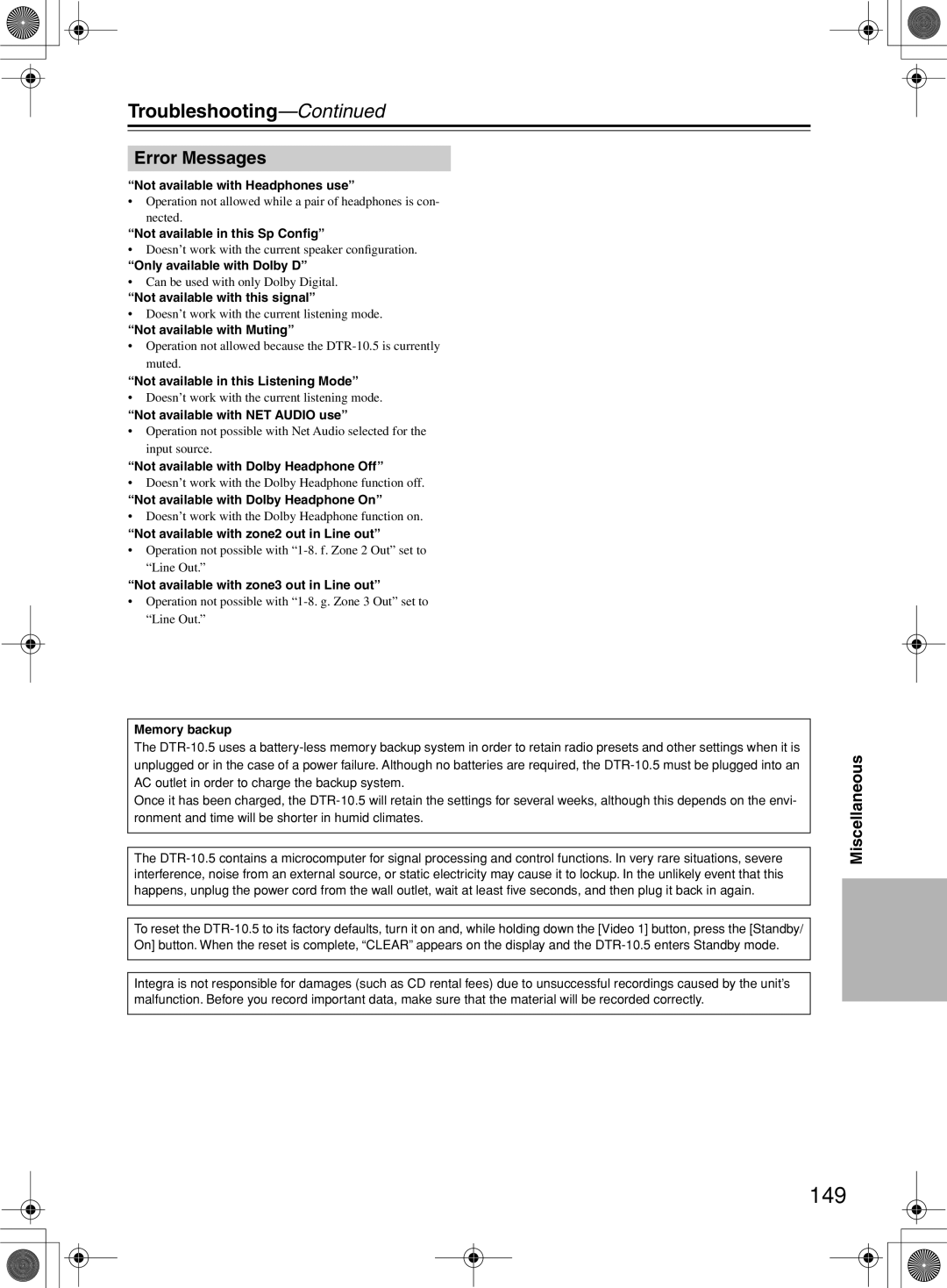 Integra DTR-10.5 instruction manual 149, Error Messages 