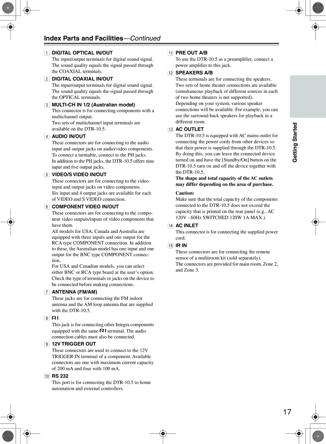 Integra DTR-10.5 instruction manual Digital Optical IN/OUT, MULTI-CH in 1/2 Australian model 