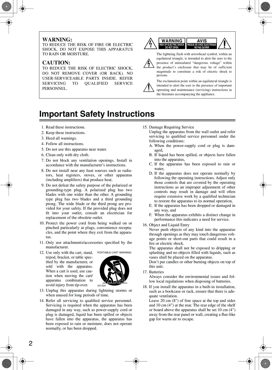 Integra DTR-10.5 instruction manual Important Safety Instructions 