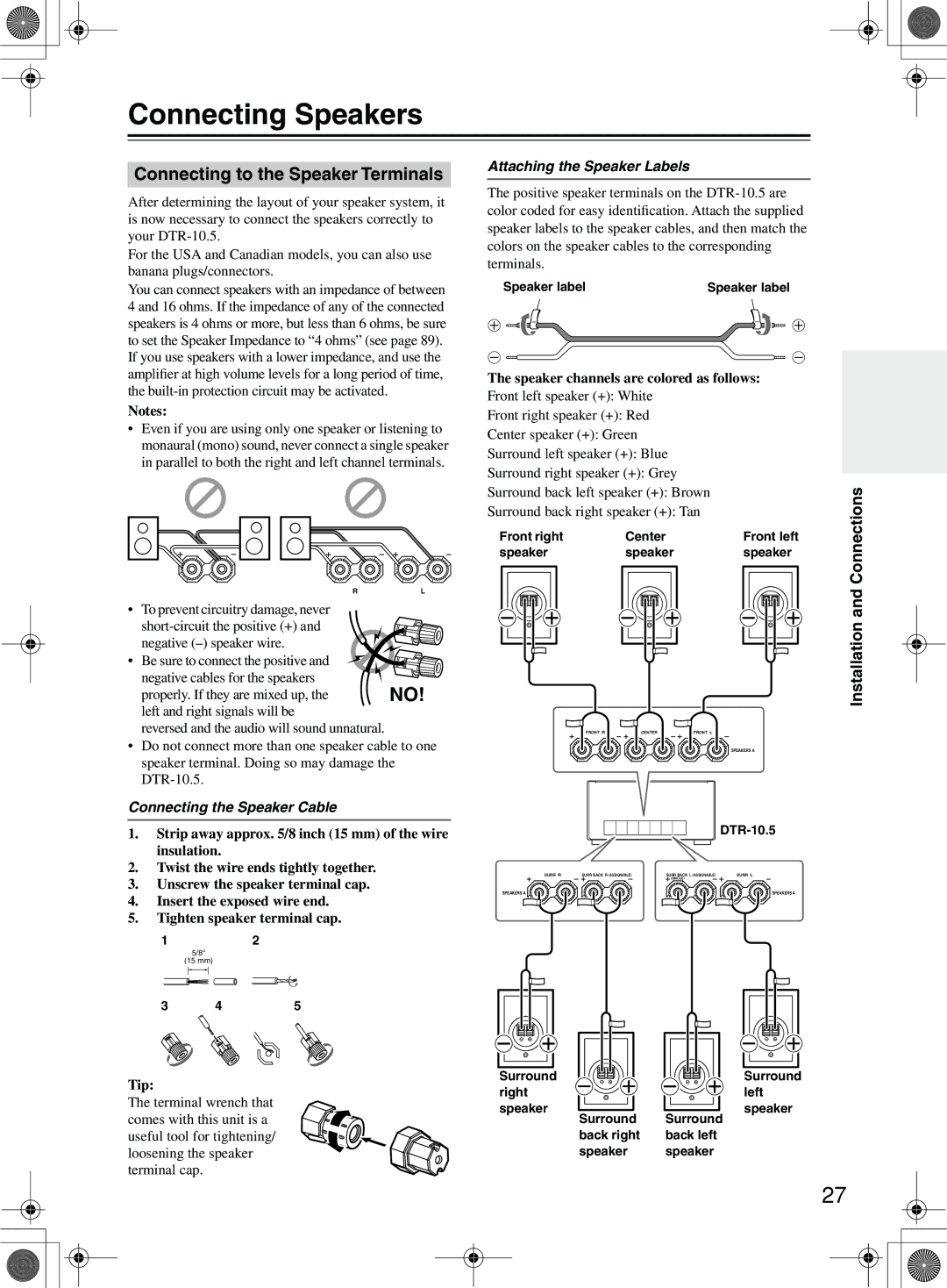 Integra DTR-10.5 instruction manual Connecting Speakers, Connecting to the Speaker Terminals, Connecting the Speaker Cable 