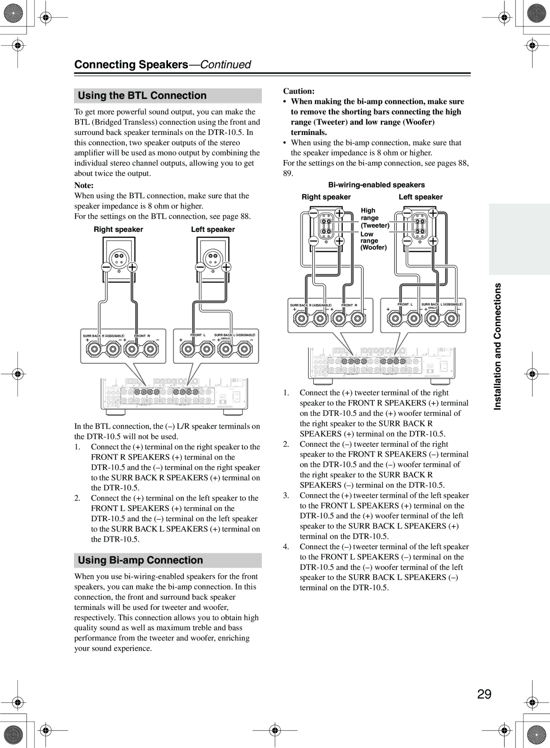 Integra DTR-10.5 instruction manual Using the BTL Connection, Using Bi-amp Connection, Connections, Right speaker 