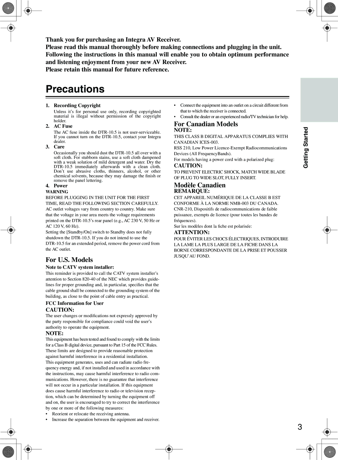 Integra DTR-10.5 instruction manual Precautions 