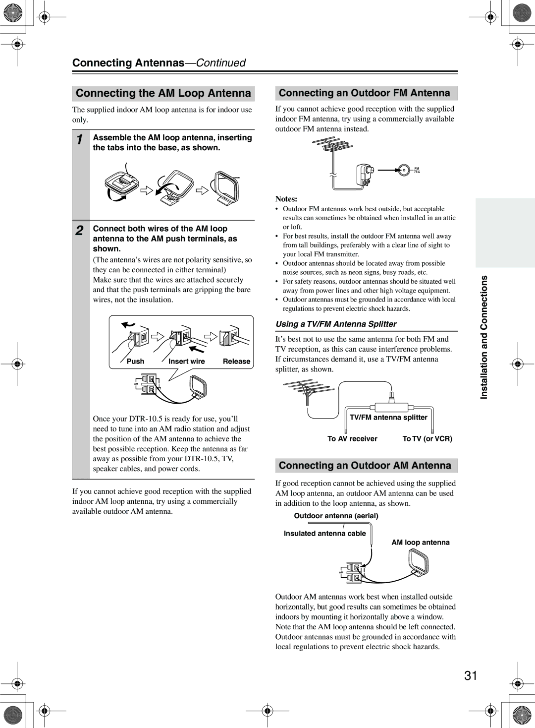 Integra DTR-10.5 instruction manual Connecting Antennas Connecting the AM Loop Antenna, Connecting an Outdoor FM Antenna 