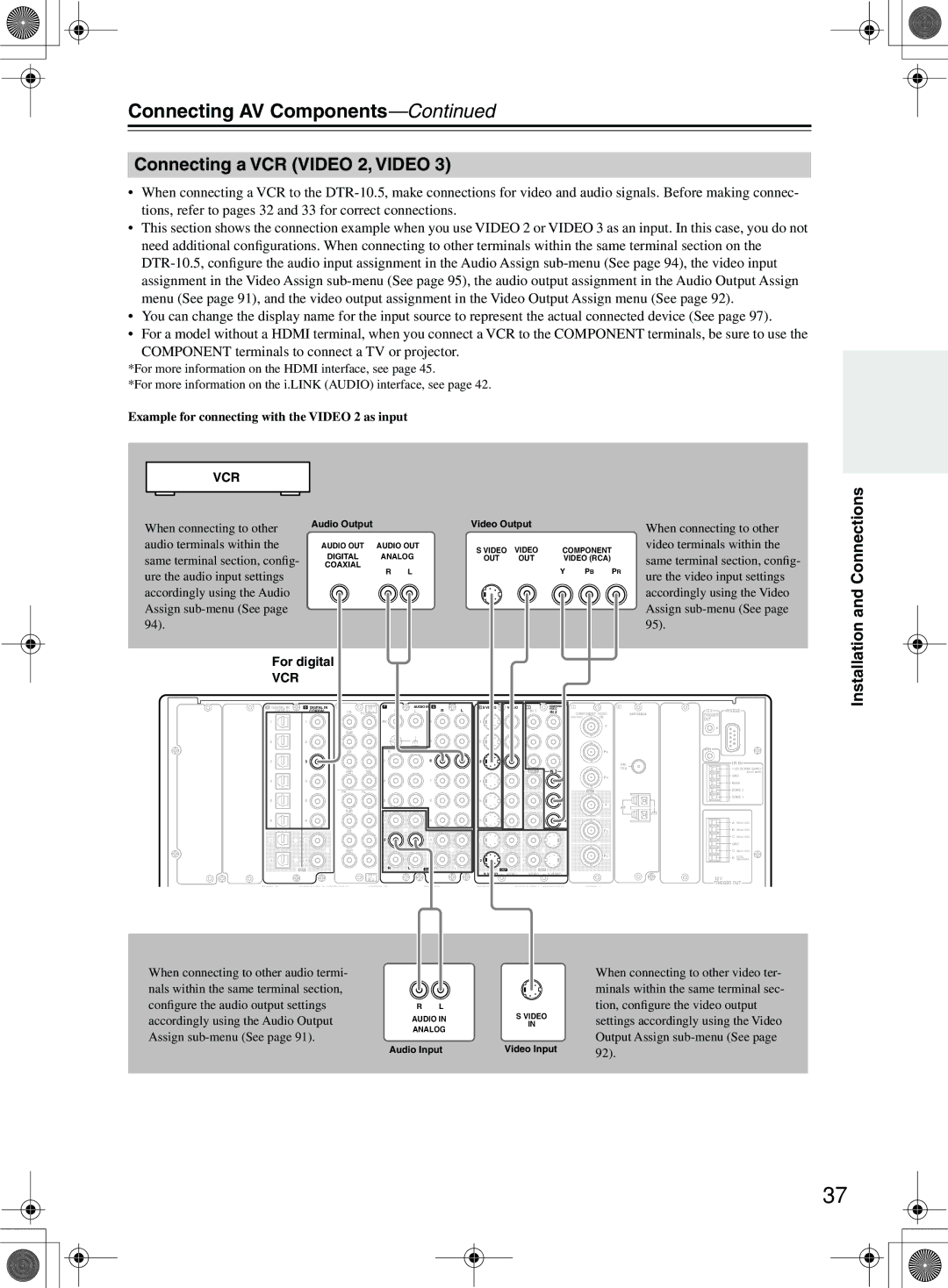 Integra DTR-10.5 instruction manual Connecting a VCR Video 2, Video, For digital, Installation 