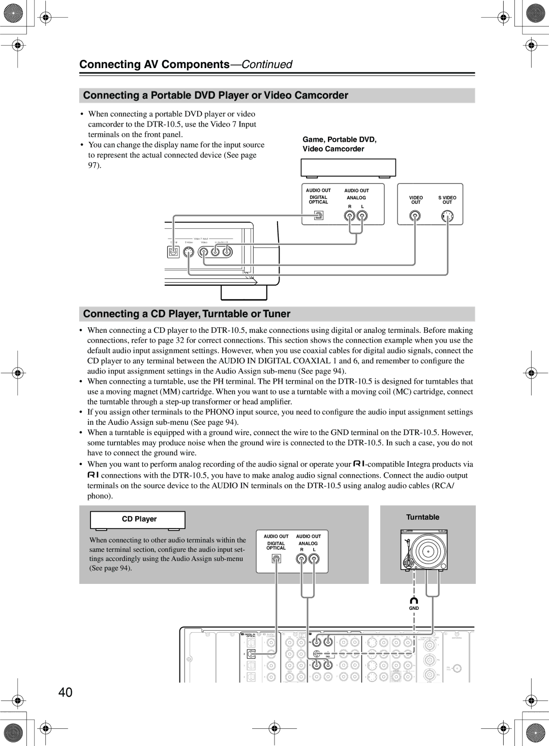 Integra DTR-10.5 Connecting a Portable DVD Player or Video Camcorder, Connecting a CD Player, Turntable or Tuner 