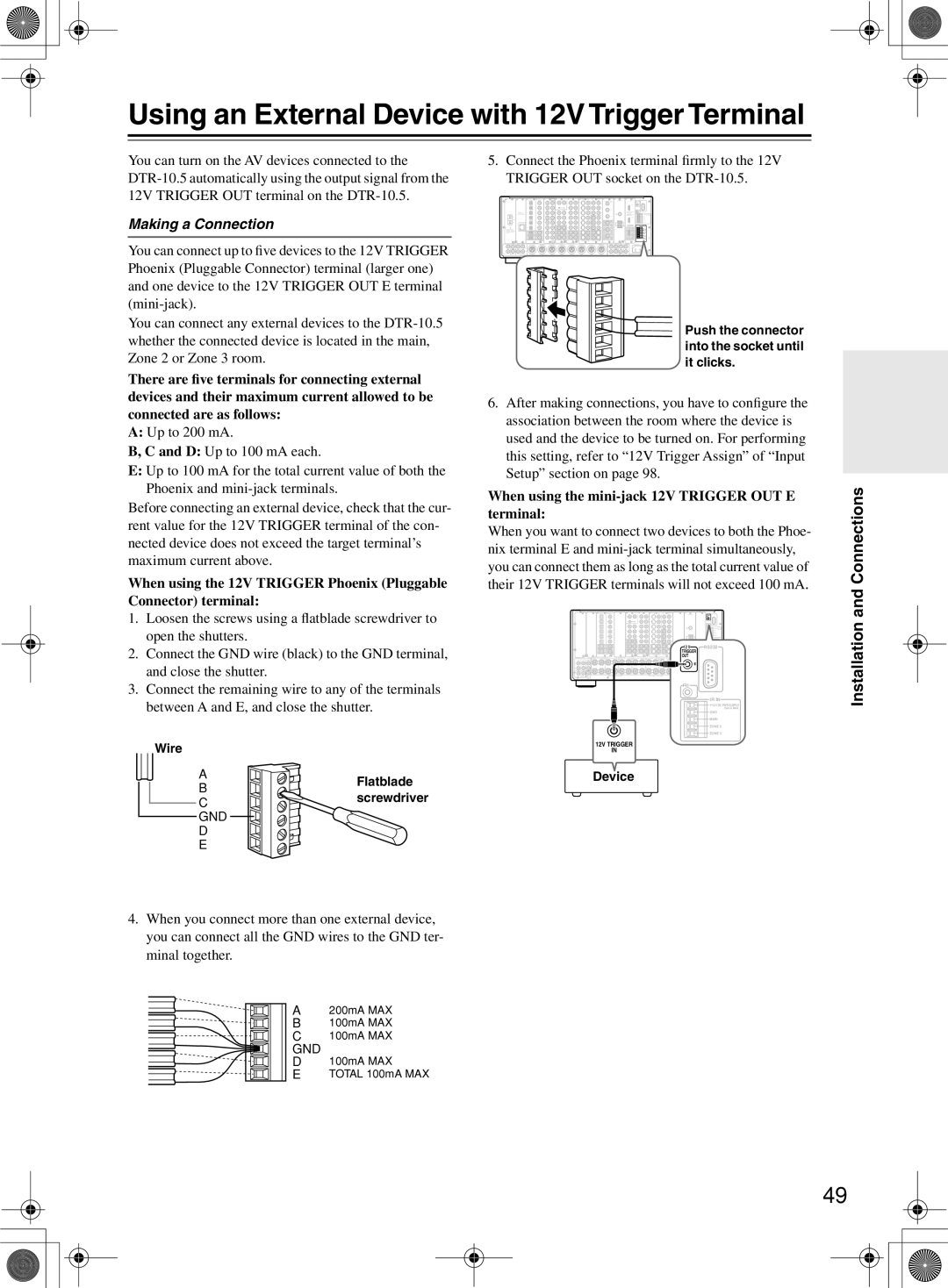 Integra DTR-10.5 instruction manual Using an External Device with 12V Trigger Terminal, Making a Connection, Wire Flatblade 