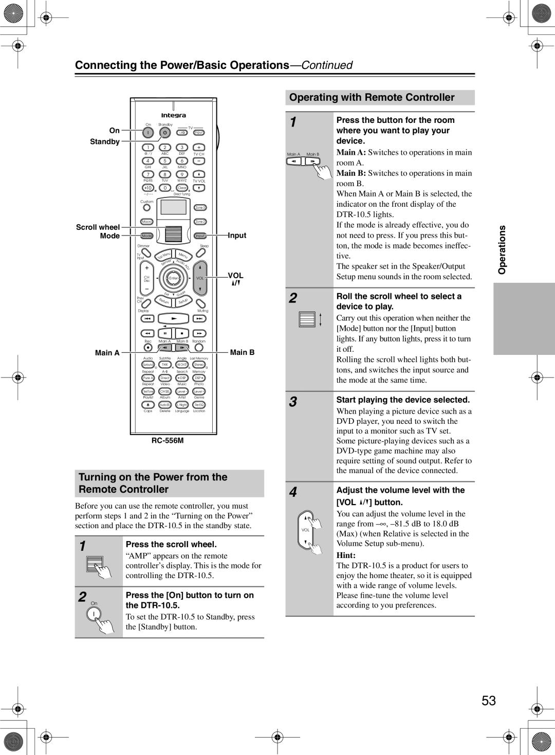 Integra DTR-10.5 Connecting the Power/Basic Operations, Turning on the Power from Operating with Remote Controller 