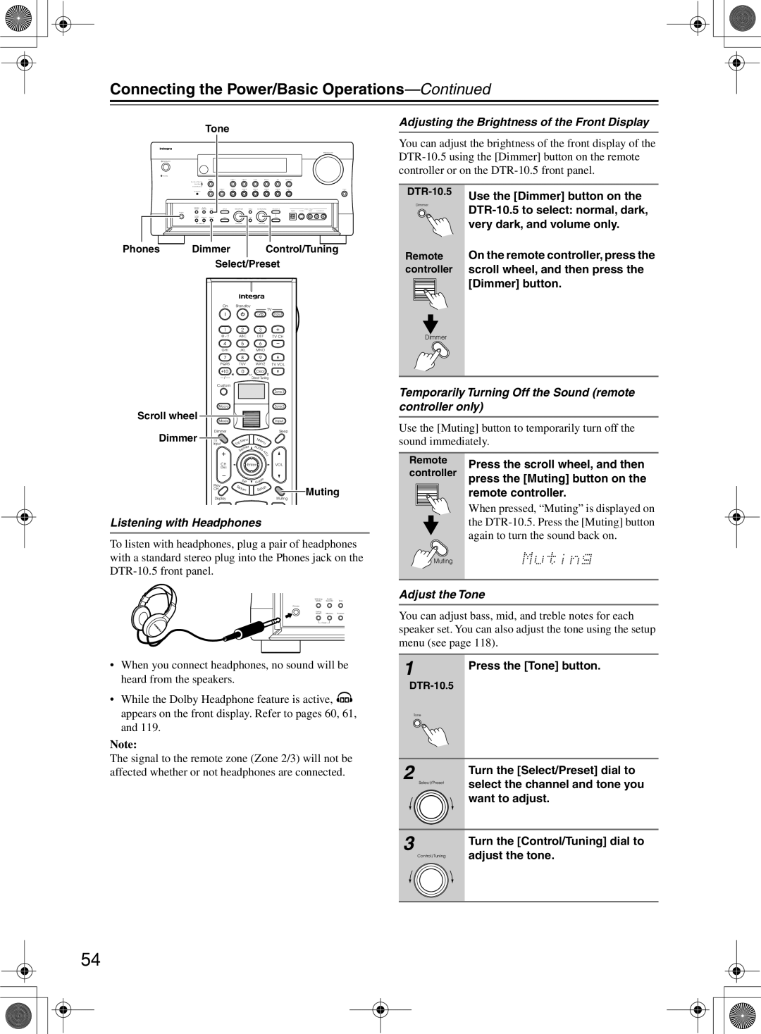 Integra DTR-10.5 Adjusting the Brightness of the Front Display, Temporarily Turning Off the Sound remote controller only 