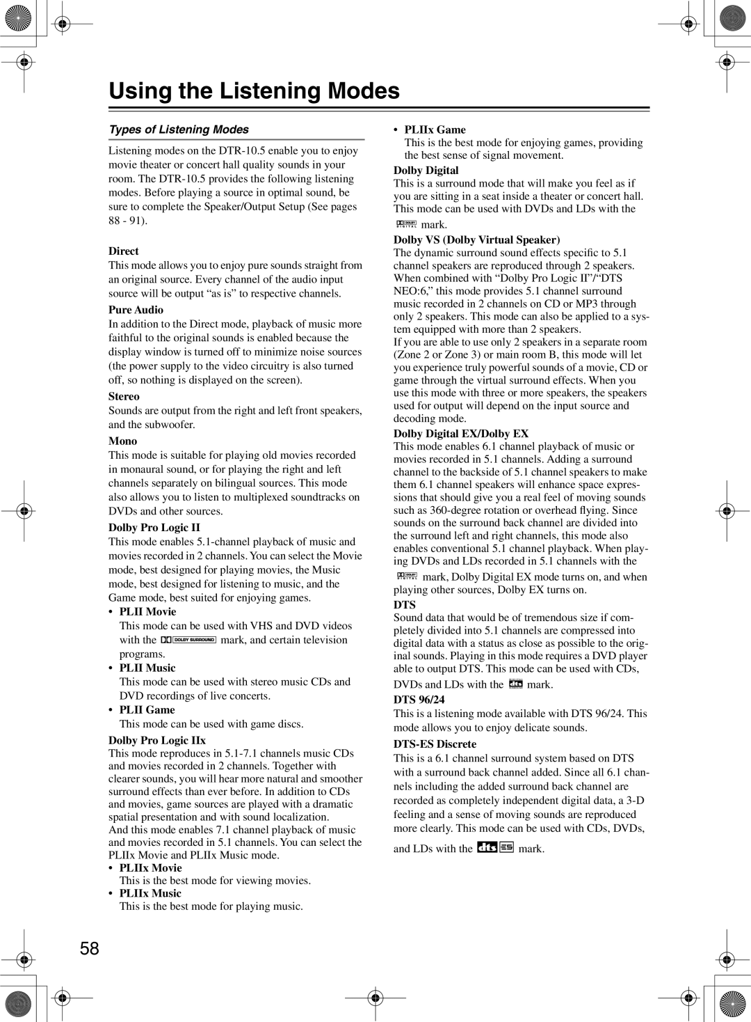 Integra DTR-10.5 instruction manual Using the Listening Modes, Types of Listening Modes 