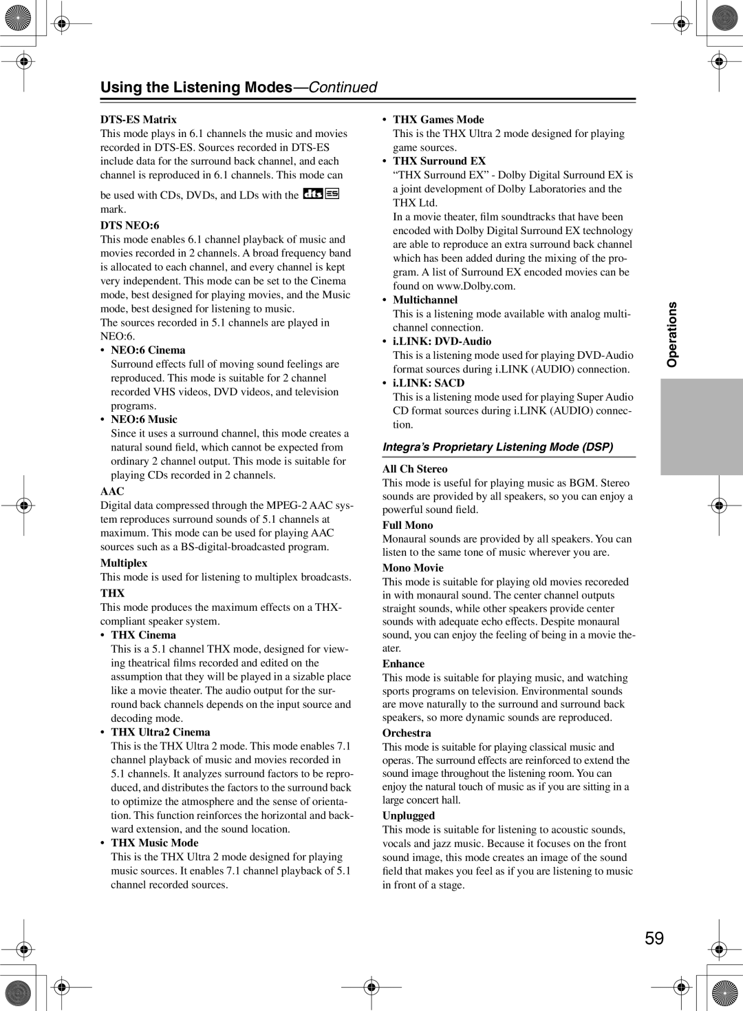 Integra DTR-10.5 instruction manual Using the Listening Modes, Integra’s Proprietary Listening Mode DSP 